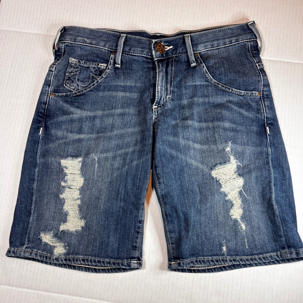 True Religion Y2K‎ Distressed Denim Shorts Rips Pockets Blue Size 24